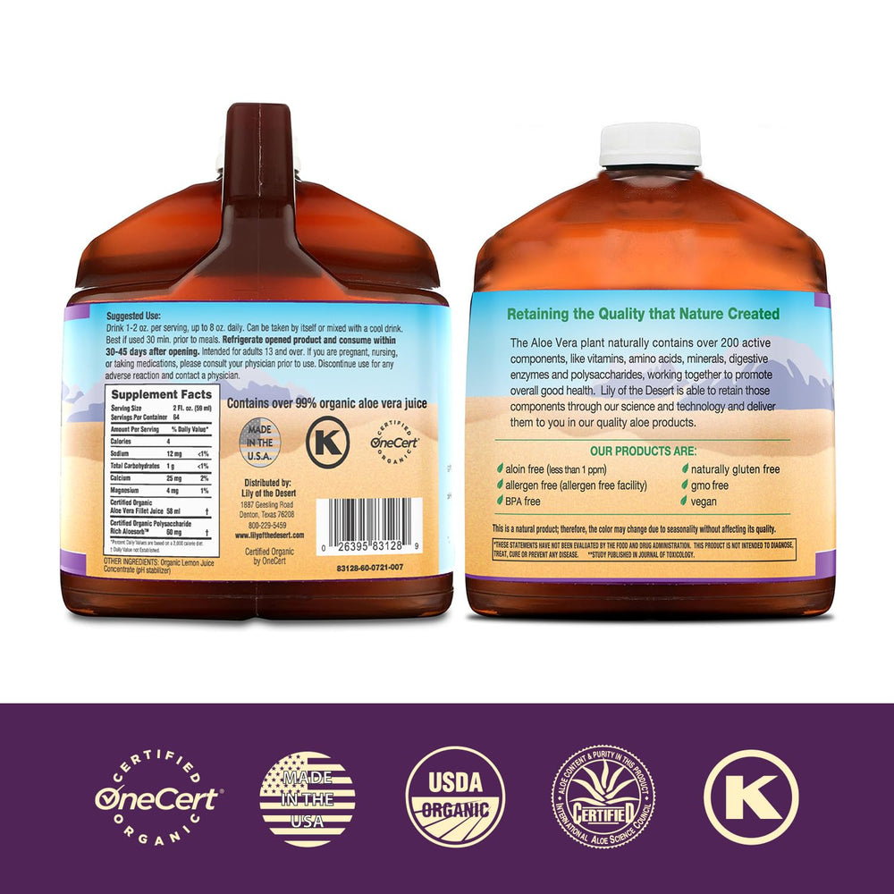 Lily of the Desert Aloe Vera Juice label close-up shows organic certification