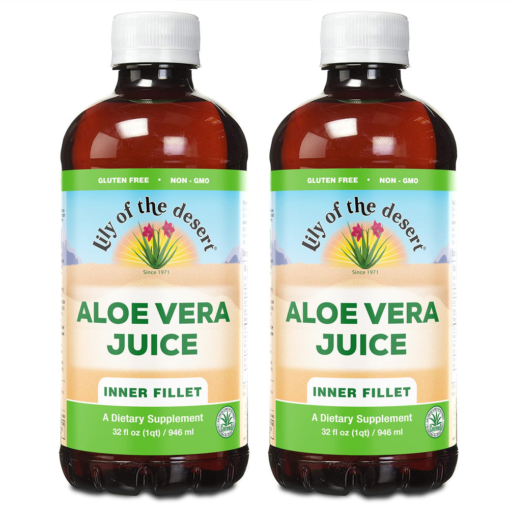 Lily of the Desert Organic Aloe Vera Juice bottle inner fillet for gut wellness.