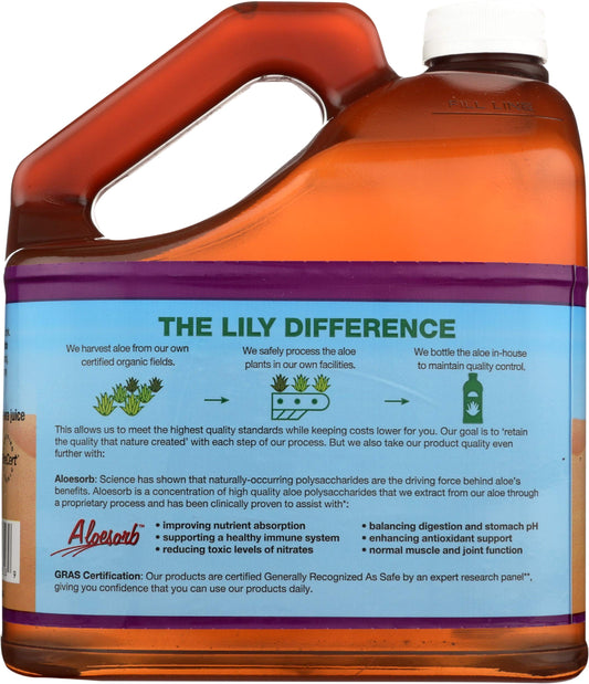 Lily Of The Desert 1 Gal label highlighting purity and organic sourcing