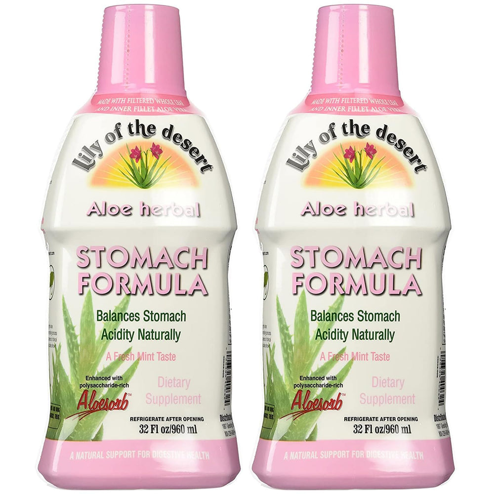 Lily Of The Desert Stomach Formula bottle pour shows easy dosing for daily digestive support.