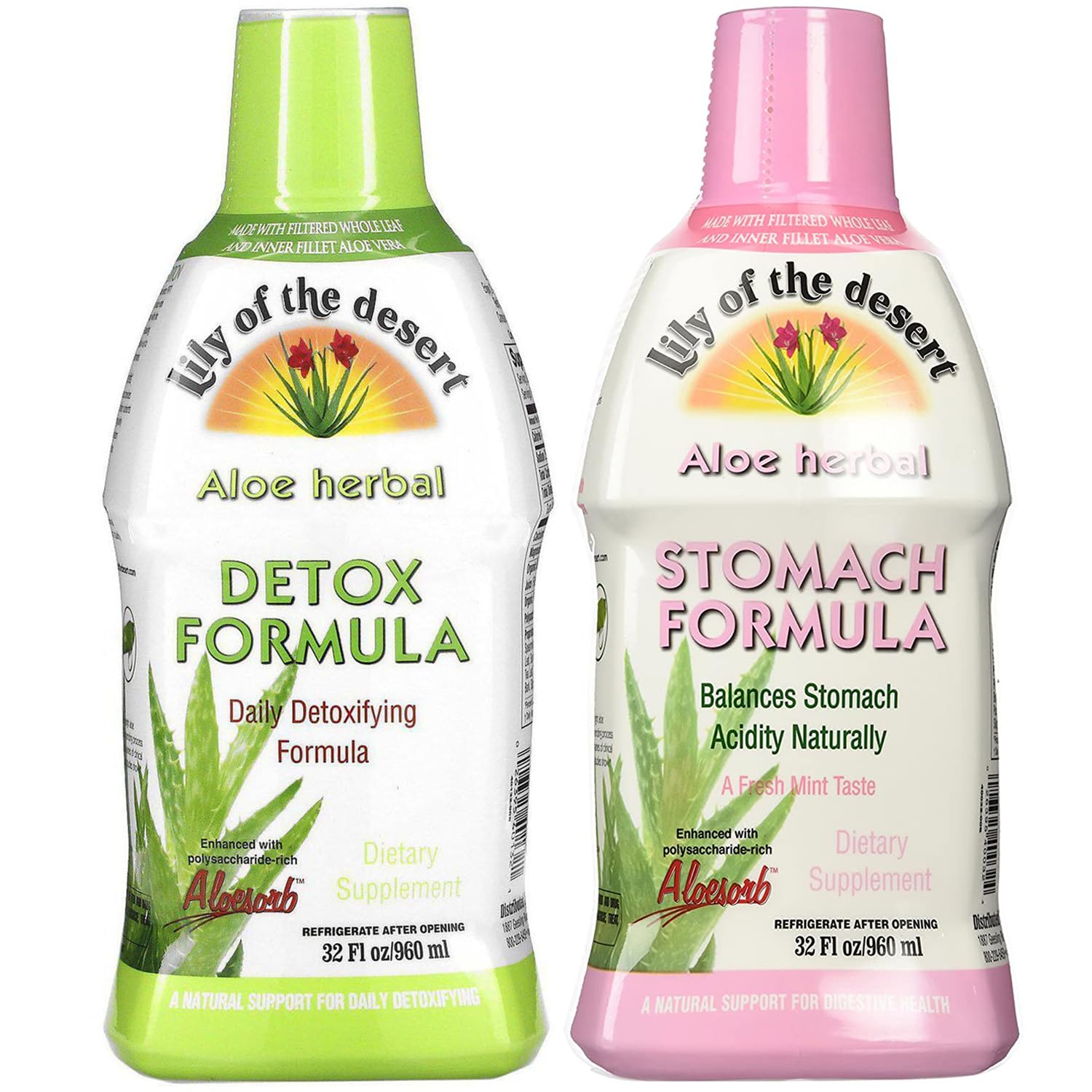 Lily Of The Desert Stomach Formula bottle on countertop for daily digestive comfort.