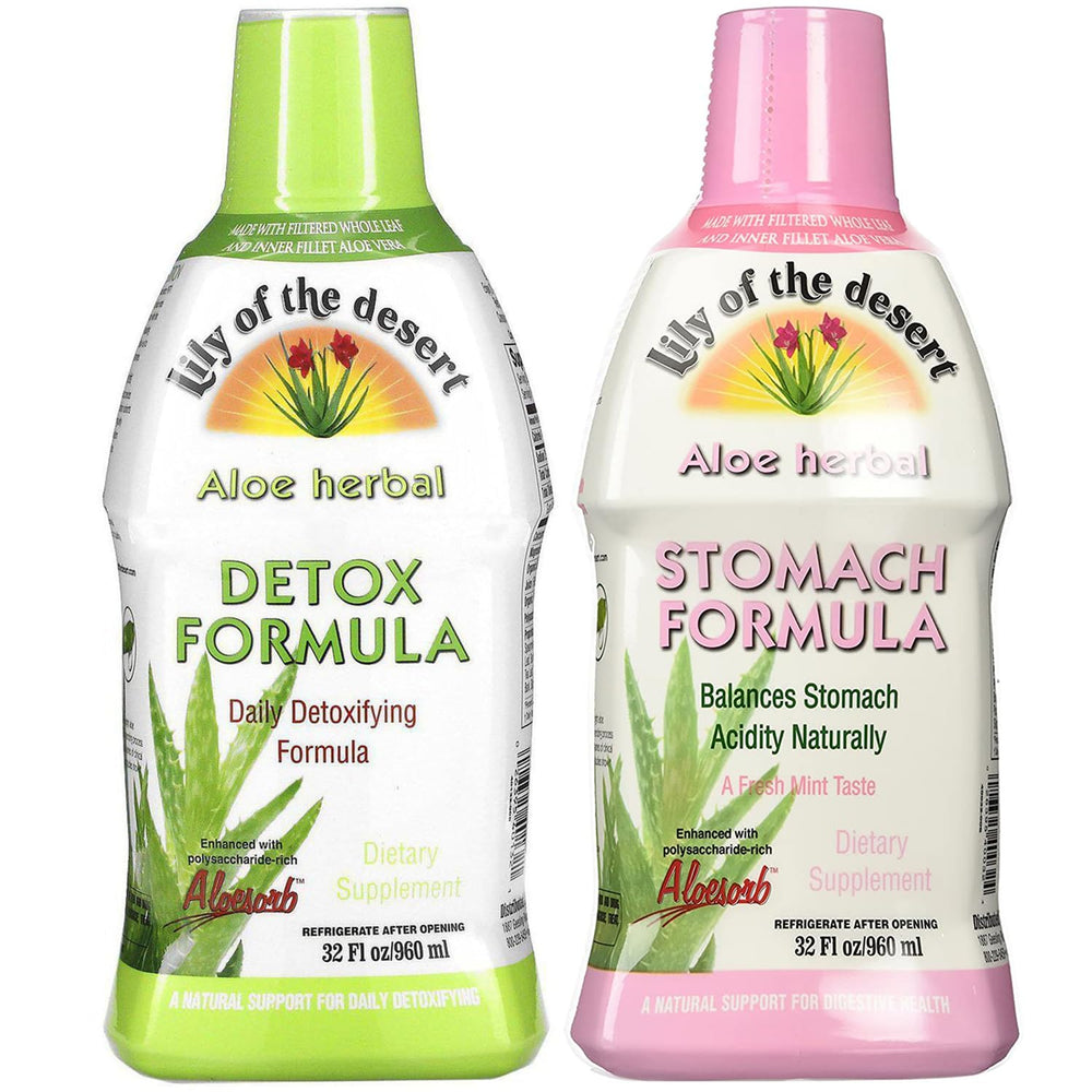 Lily Of The Desert Stomach Formula bottle on countertop for daily digestive comfort.