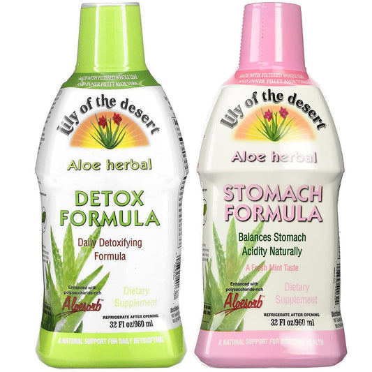 Lily Of The Desert Stomach Formula bottle on countertop for daily digestive comfort.