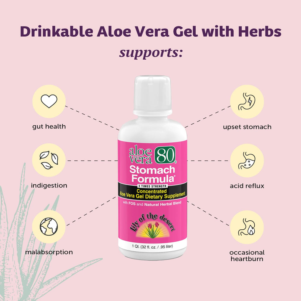 Lily Of The Desert Stomach Formula liquid flows into a cup for easy mixing.