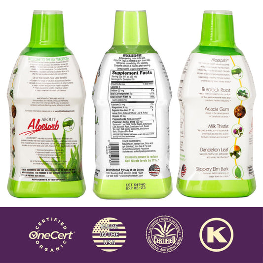 Pouring Lily of the Desert Detox Formula into a glass for easy daily use