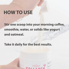 Lily's Lab Collagen Tri-Glow dissolves smoothly in water or drinks for convenient use.