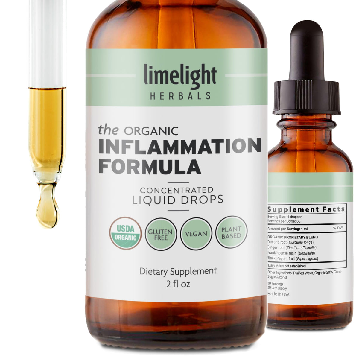 Limelight Herbals inflammation formula bottle pour shows potent drops for joint comfort and easy dosing.