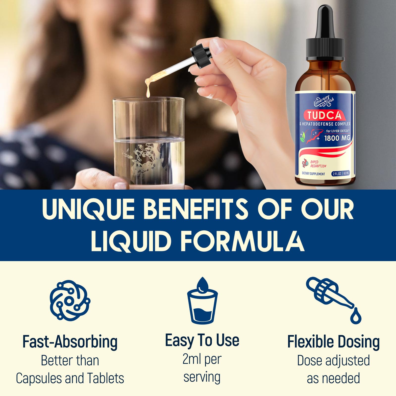 Close-up of dropper dispensing Limerenxlush TUDCA for liver wellness