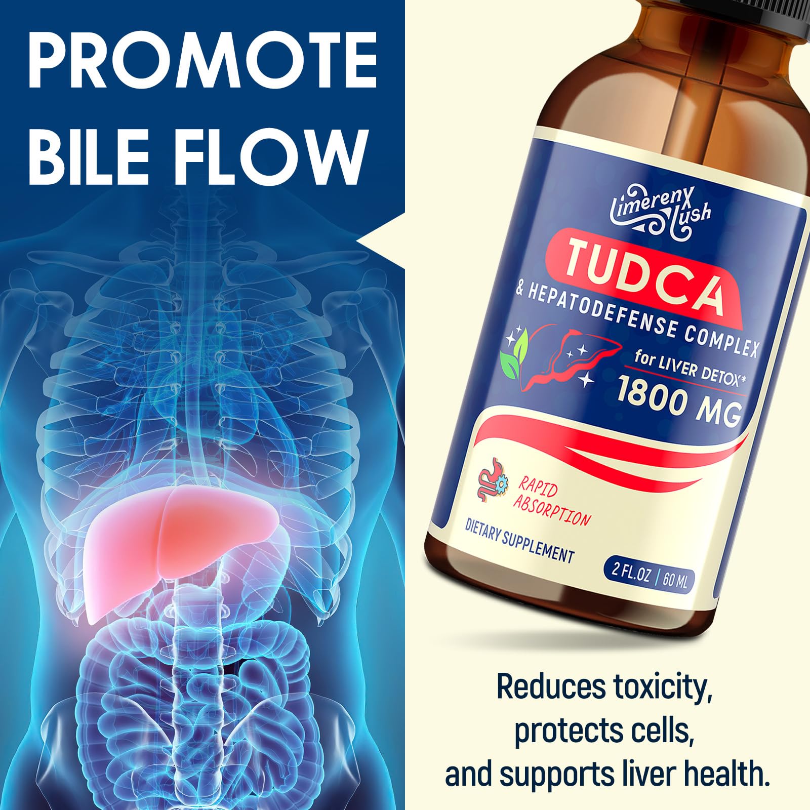 Limerenxlush TUDCA drops label highlights alcohol-free, clean formula