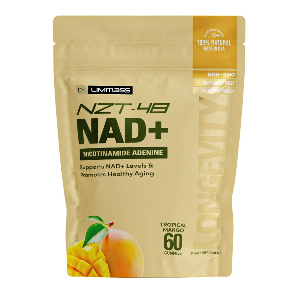 LIMITLESS X NZT-48 NAD+ gummies bottle shows steady daily energy support.