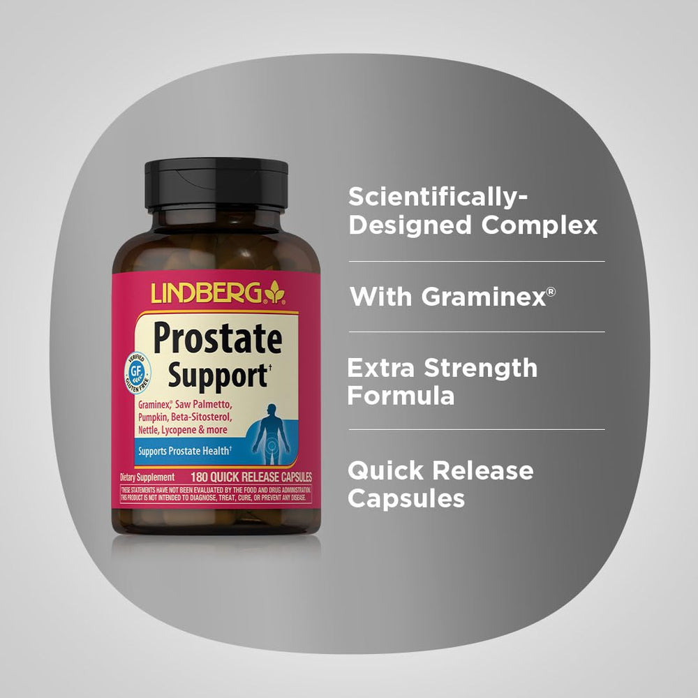 Lindberg Prostate capsules on a white background, featuring zinc and lycopene in the blend.