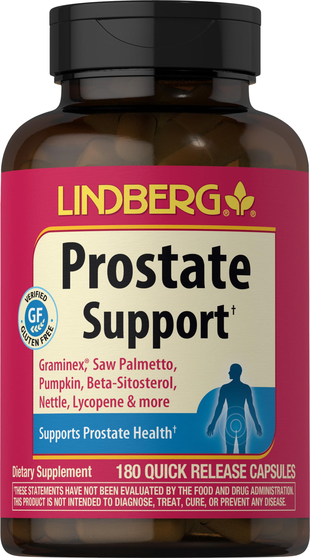 Lindberg Prostate Supplement bottle front, potential support for normal urinary function.