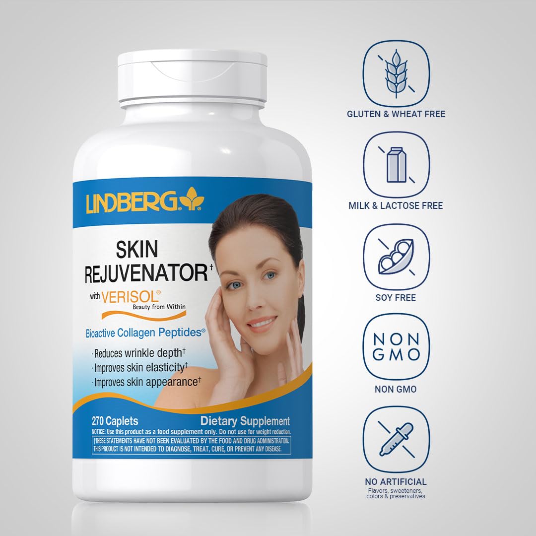Lindberg Skin Rejuvenator bottle back label highlighting Verisol collagen peptides.