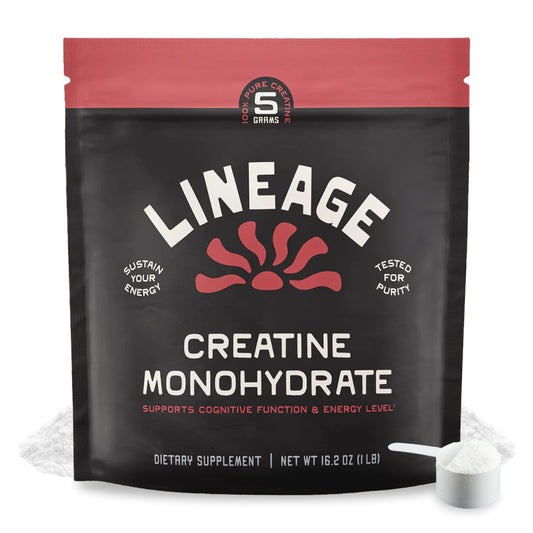 Lineage Provisions micronized creatine bottle shown, ideal for daily training supplementation.