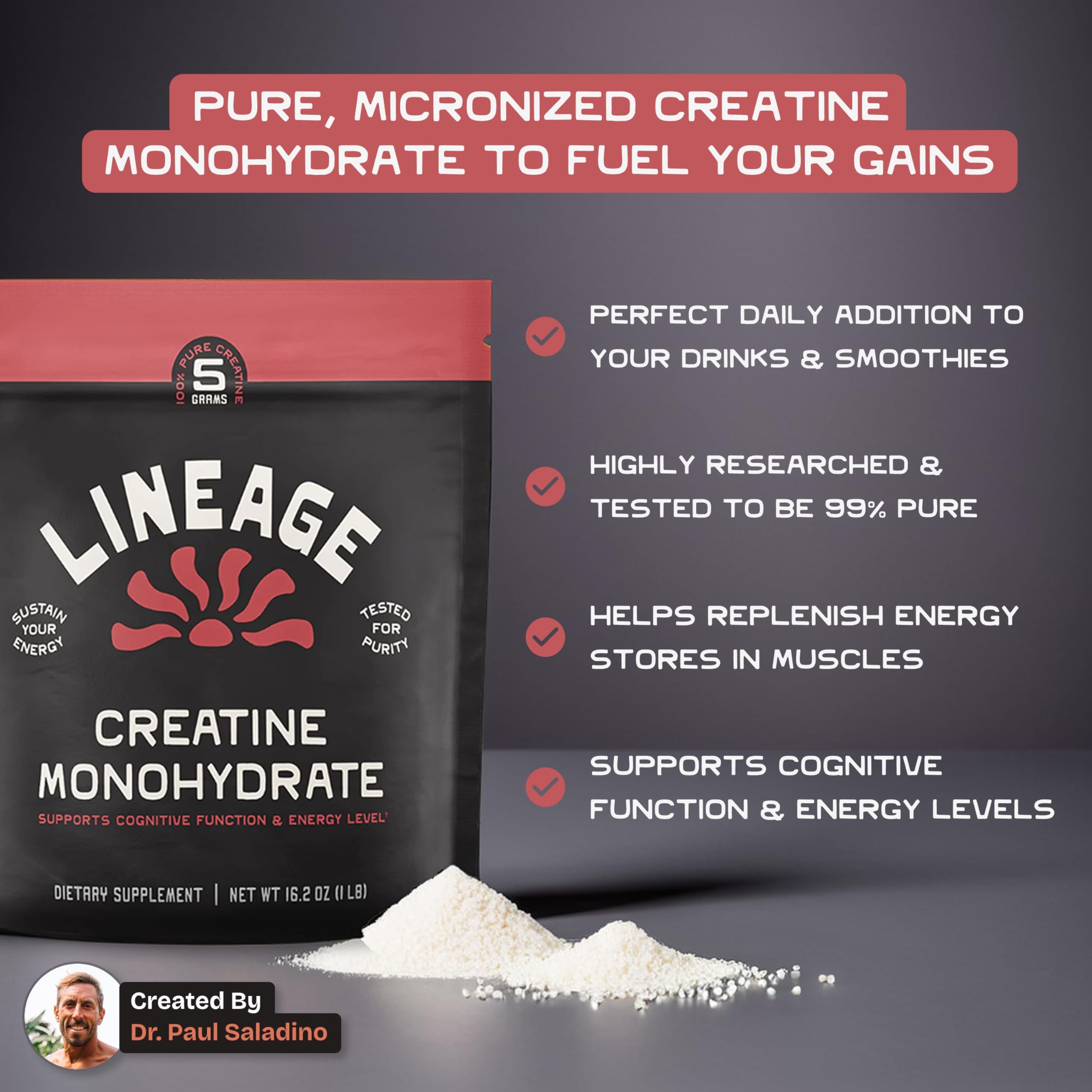Lineage Provisions micronized creatine dissolves in liquids, supporting quick mix before training.