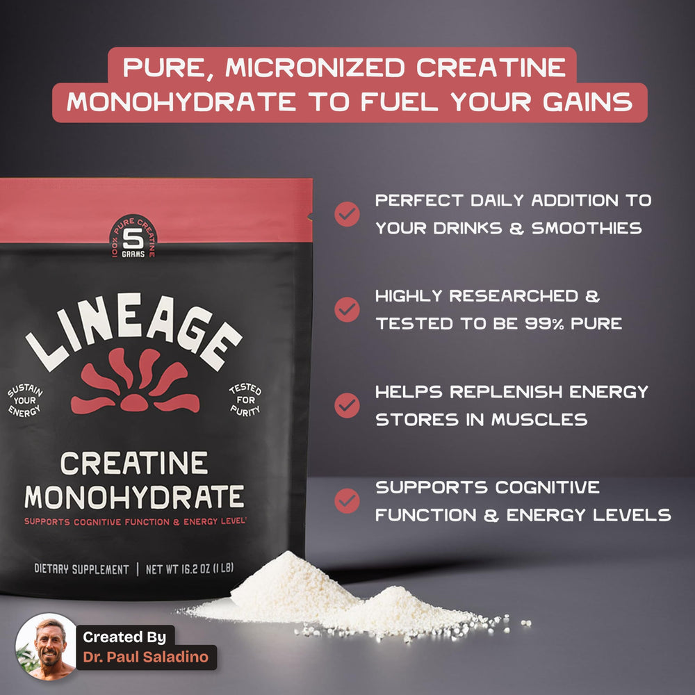 Lineage Provisions micronized creatine dissolves in liquids, supporting quick mix before training.