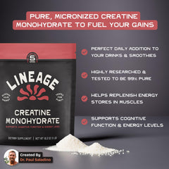 Lineage Provisions micronized creatine dissolves in liquids, supporting quick mix before training.