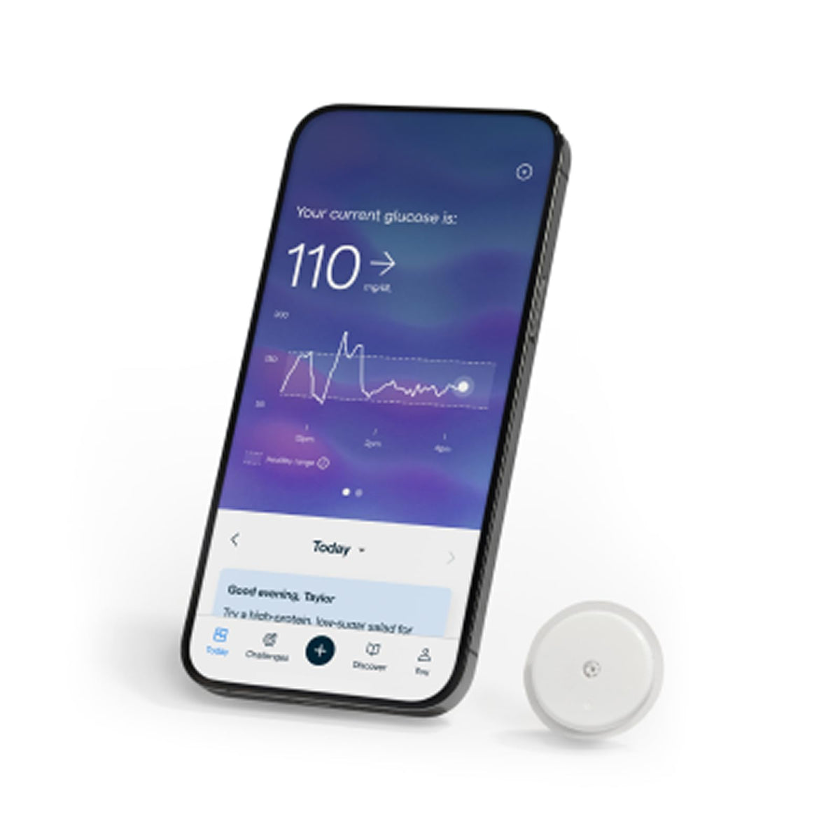 Lingo biosensor on the arm delivering continuous glucose data.