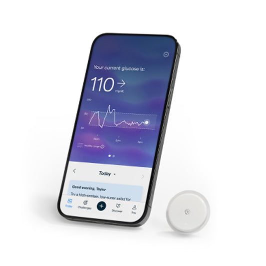 Lingo biosensor on the arm delivering continuous glucose data.