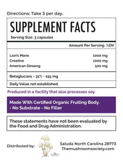 Lion's Mane capsules close-up from The Mushroom Society highlighting cognitive support.