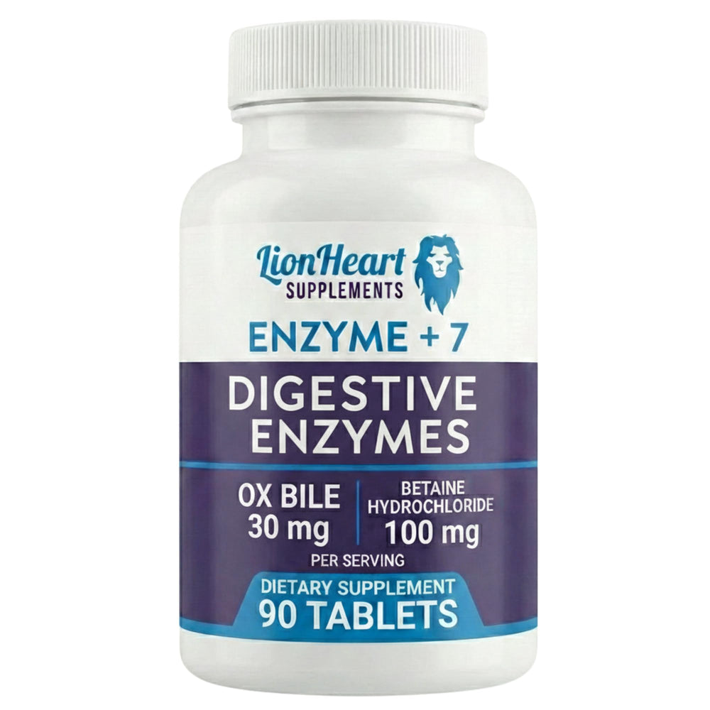LionHeart Digestive Enzymes bottle shows capsules for post-meal comfort and smoother digestion.
