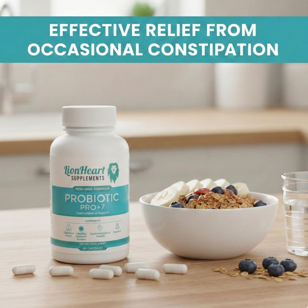 LionHeart Probiotics bottle label close-up highlights key strains.