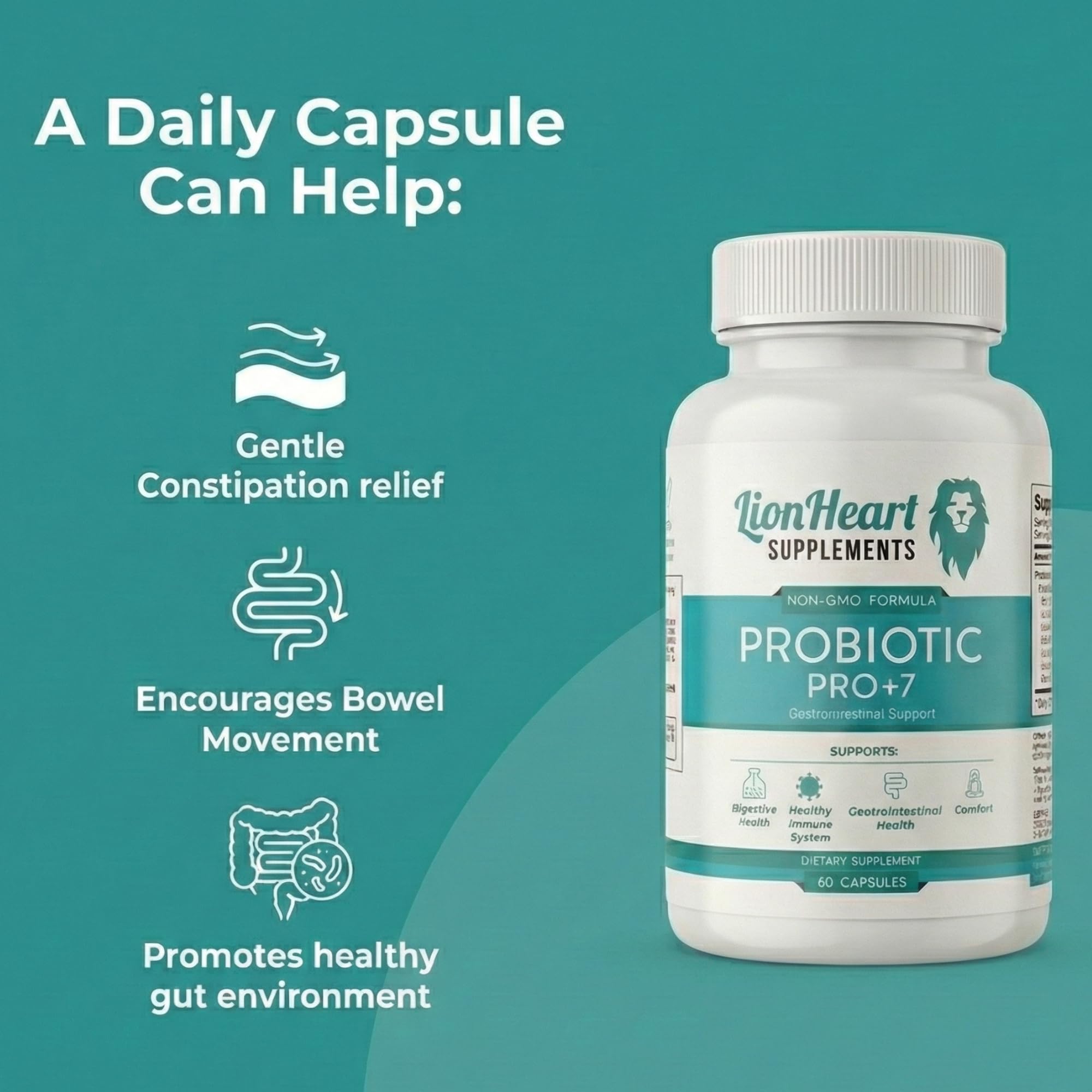 LionHeart Probiotics capsule-on-table image communicates convenient daily routine.