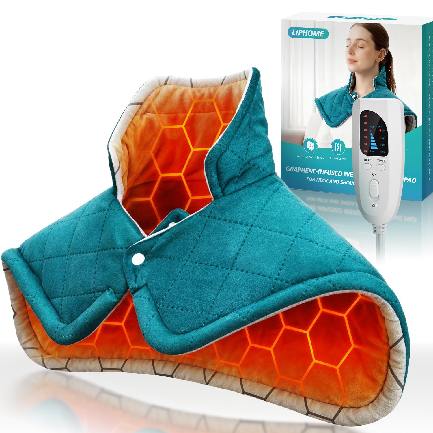 LIPHOME graphene-infused heating pad used at neck and shoulders for deep, even warmth.