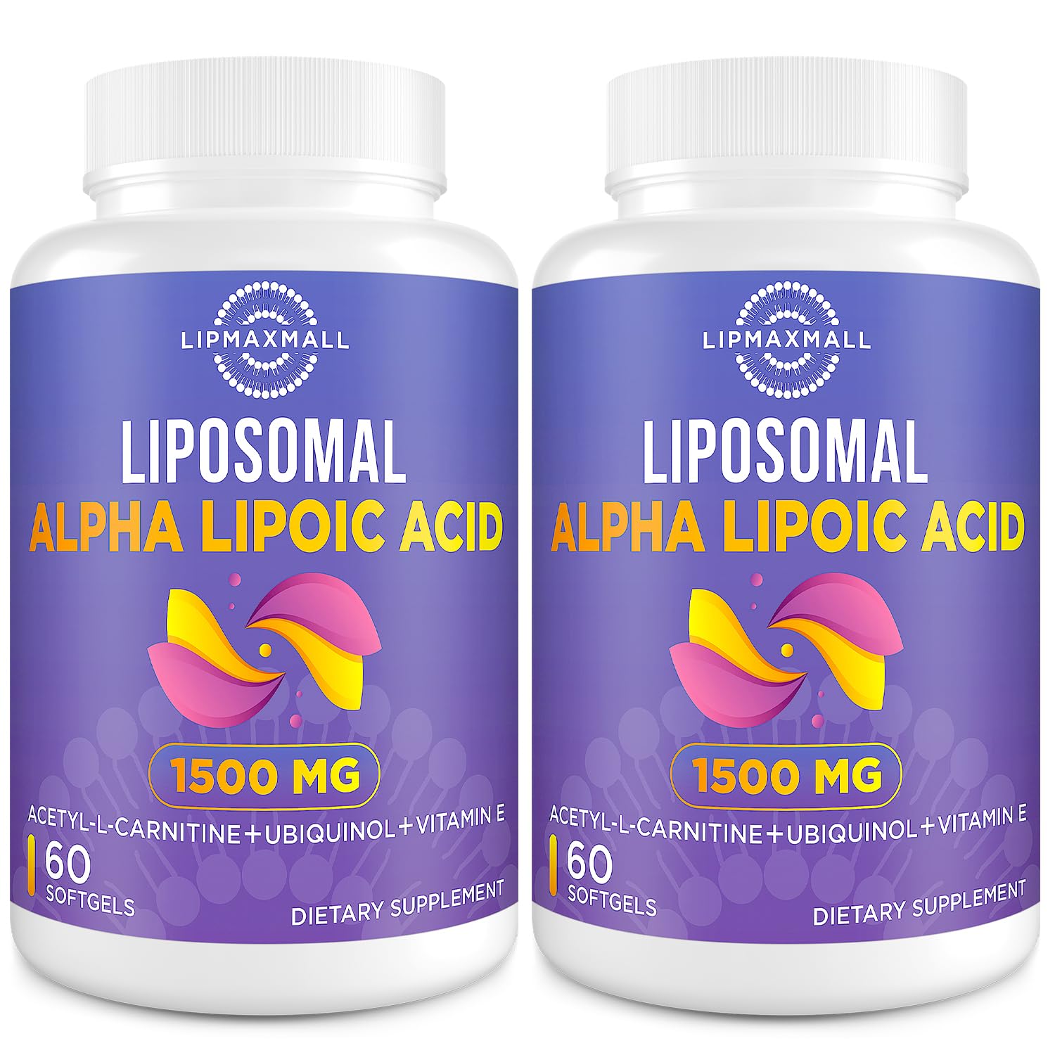 Lipmaxmall liposomal ALA 1500mg softgels front label highlights antioxidant power