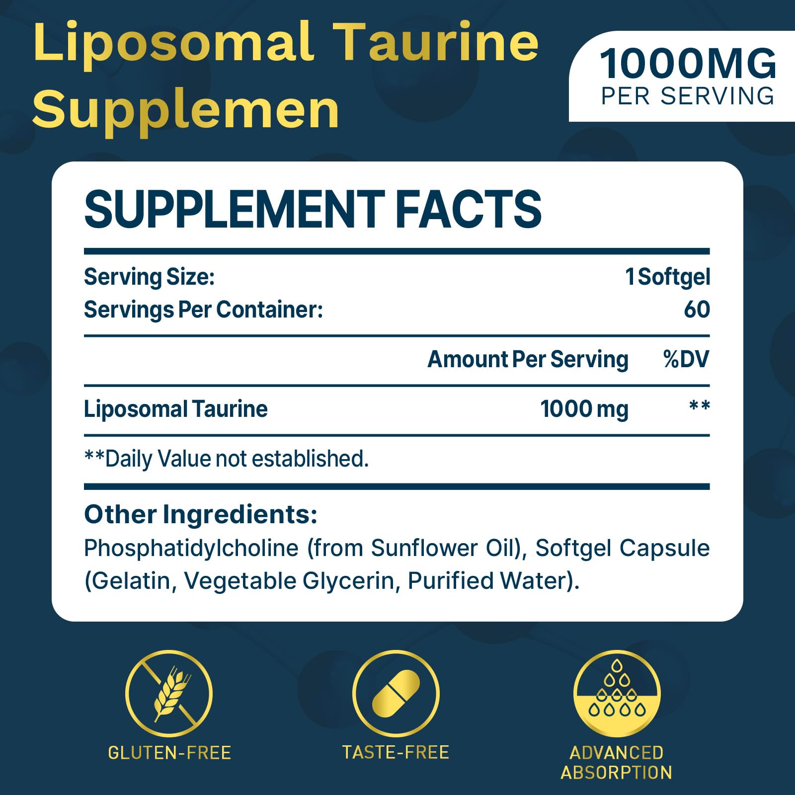 Lipmaxmall liposomal taurine 1000mg softgels front label highlighting dosage and benefits