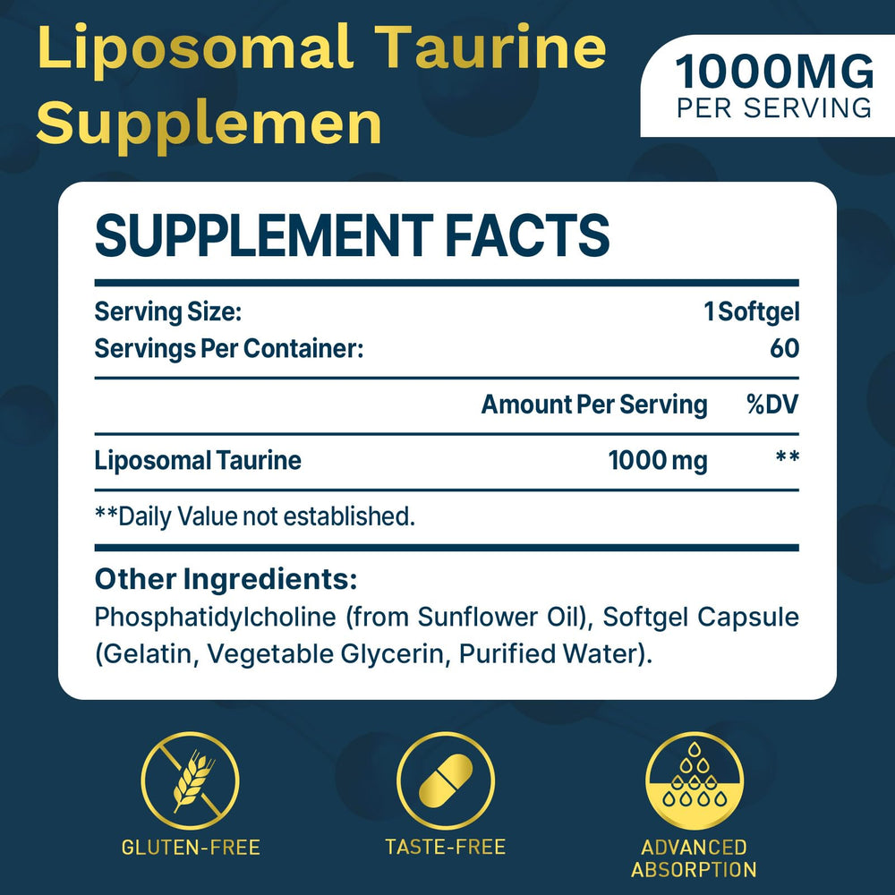 Lipmaxmall liposomal taurine 1000mg softgels front label highlighting dosage and benefits