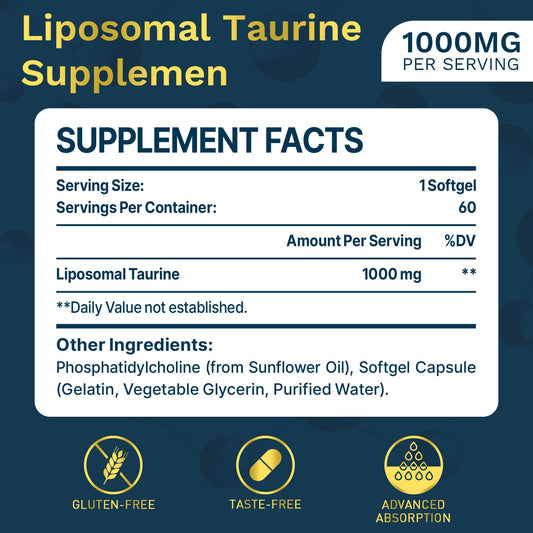 Lipmaxmall liposomal taurine 1000mg softgels front label highlighting dosage and benefits