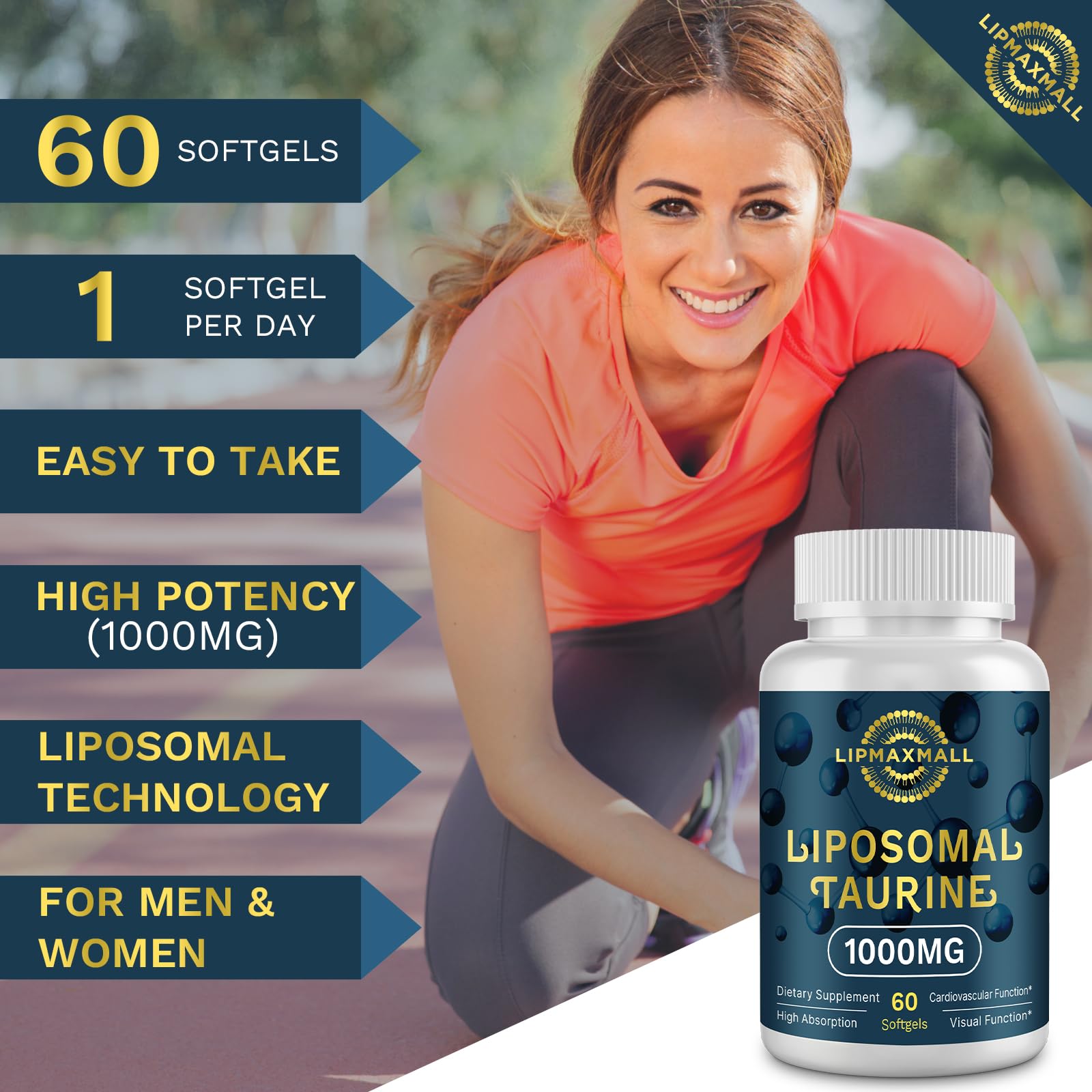 Lipmaxmall taurine 1000mg 2-pack box shown for convenient daily use