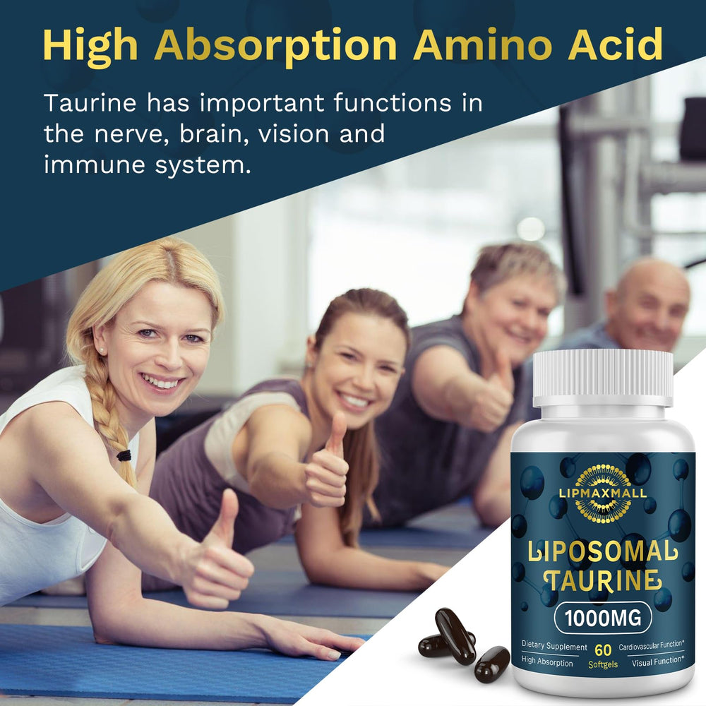 Lipmaxmall taurine 1000mg softgels shown with gym gear suggesting endurance use