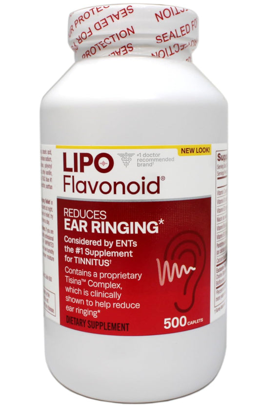 Lipo Flavanoid Unique Ear Health bottle shown for convenient daily tinnitus support.
