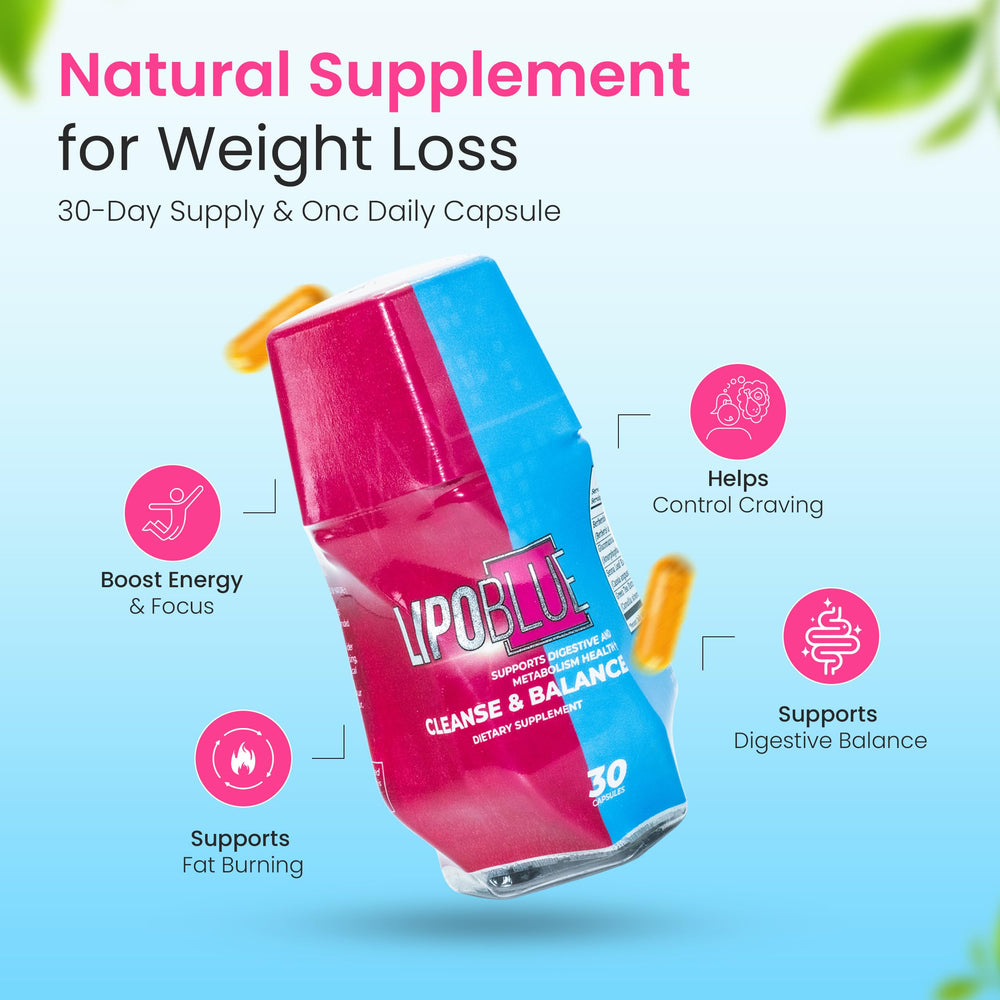Lipoblue capsules close-up highlighting appetite control and easy swallowing