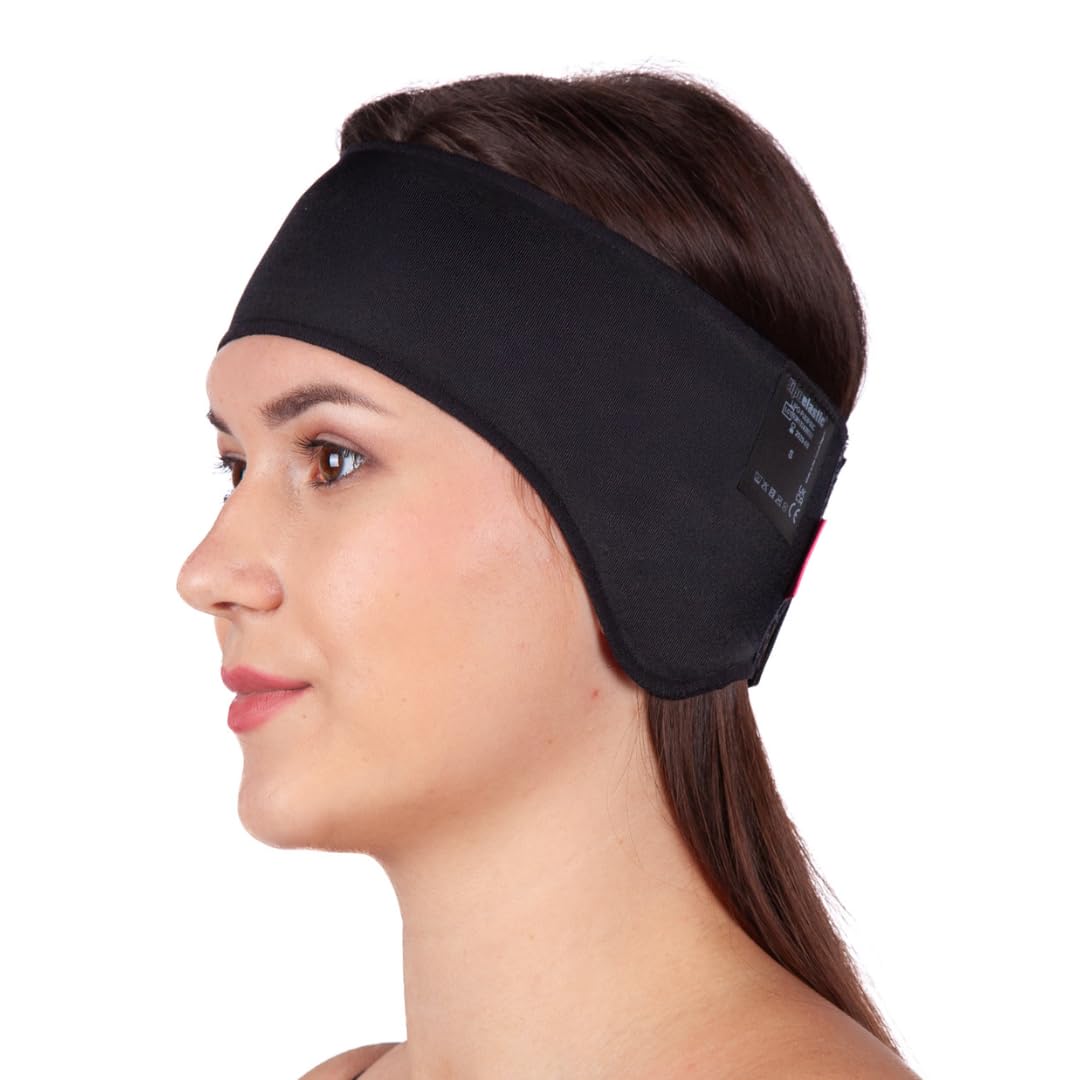 LIPOELASTIC PU03 ear band black close-up shows firm, comfortable compression