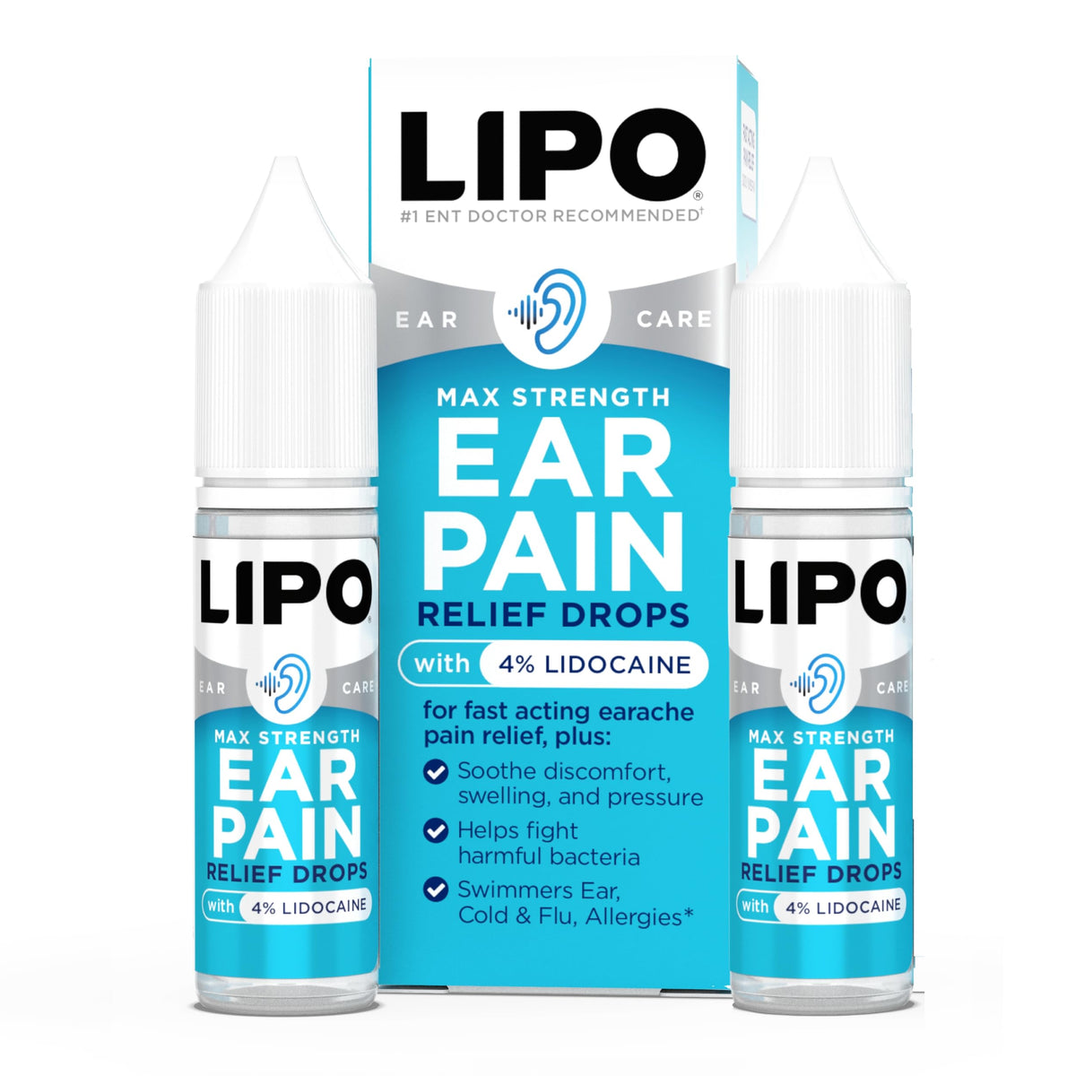 Lipo-Flavonoid fast-acting ear drops bottle helps soothe discomfort and relieve pressure.