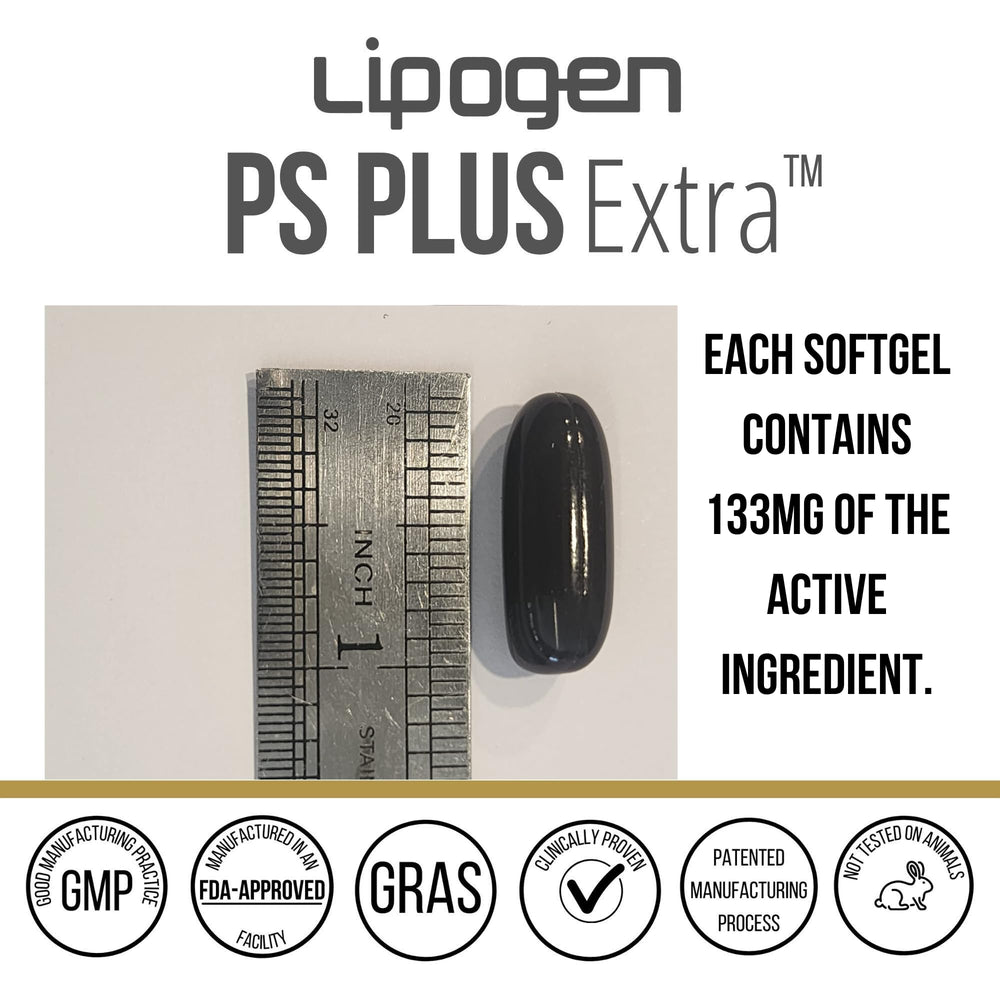 Lipogen PS Plus Extra capsule texture closeup suggests smooth softgels.