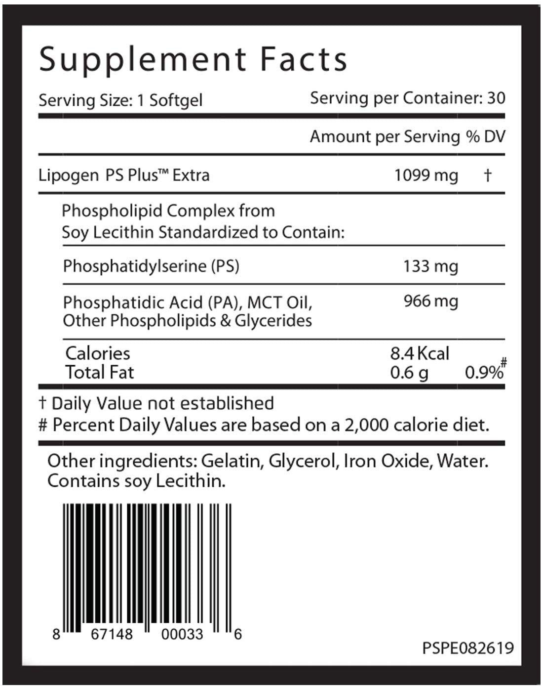 Lipogen PS Plus Extra softgels closeup highlighting memory support potential.