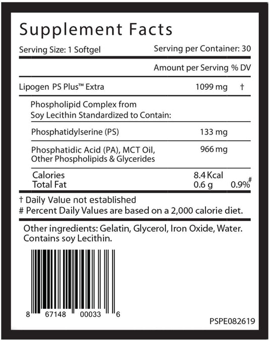 Lipogen PS Plus Extra softgels closeup highlighting memory support potential.