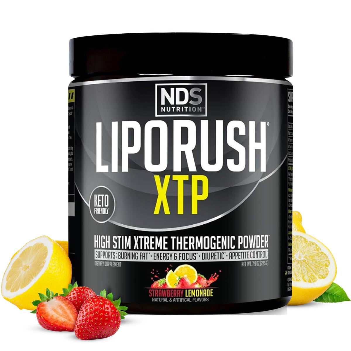 Liporush NDS XTP thermogenic bottle front for energy and focus during workouts