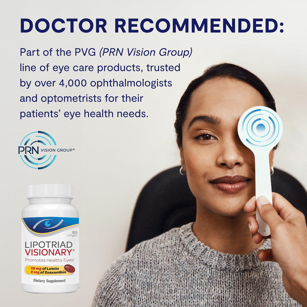 Lipotriad Visionary Eye Vitamins softgel image emphasizes convenient once-daily dosage.
