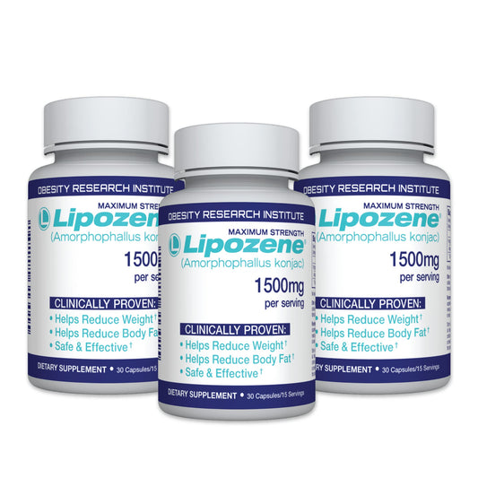 Lipozene bottle close-up highlighting appetite-suppressing formula for daily support.