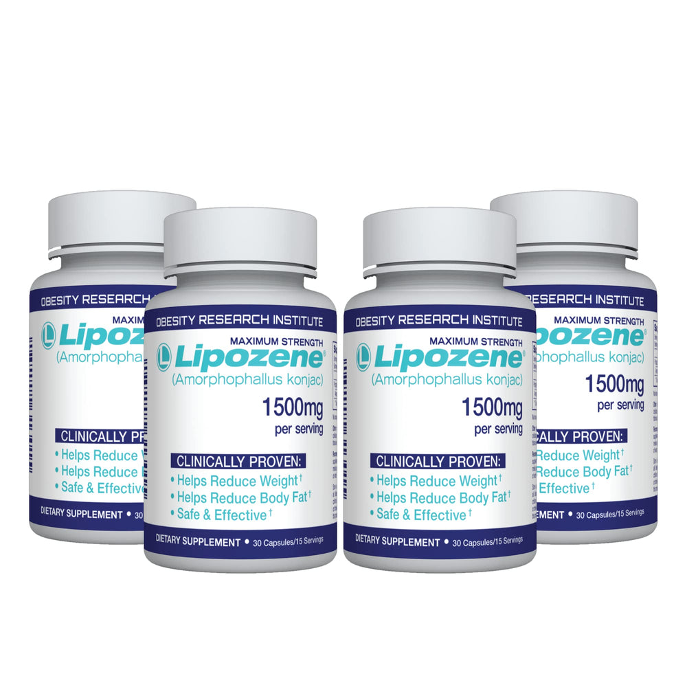 Lipozene bottle front showcases a four-bottle set for convenient daily support.