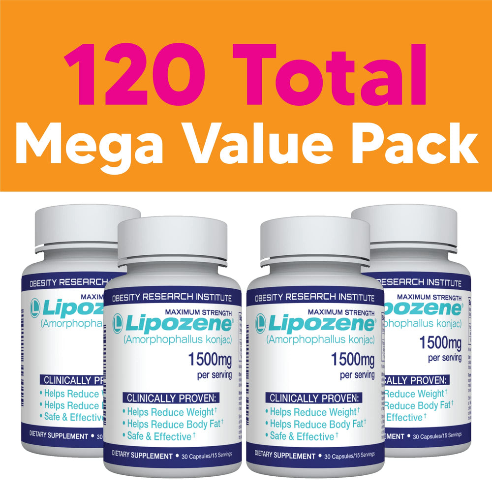 Lipozene bottle side displays dosage info for easy daily use.