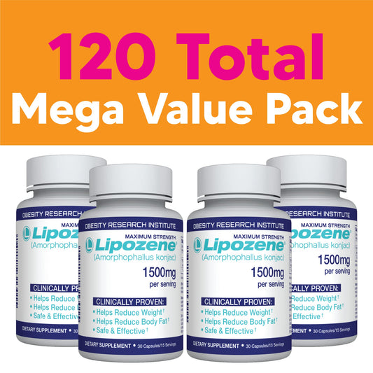 Lipozene bottle side displays dosage info for easy daily use.