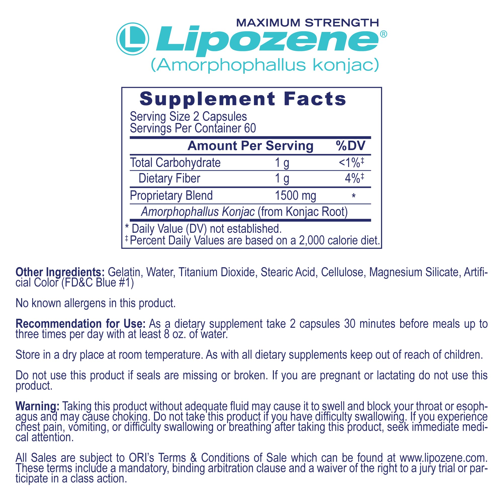 Lipozene capsules 120-count back label, highlighting quality and purity