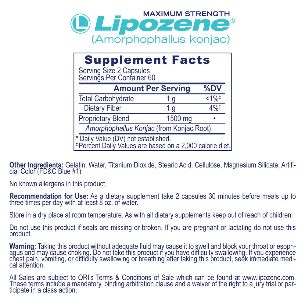 Lipozene capsules 120-count back label, highlighting quality and purity