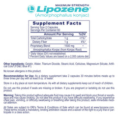 Lipozene capsules 120-count back label, highlighting quality and purity